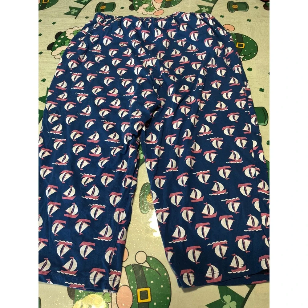 Blair Women Pajama Pants L Blue Sailboat Print‎ Nautical Crop Sleepwear B18111